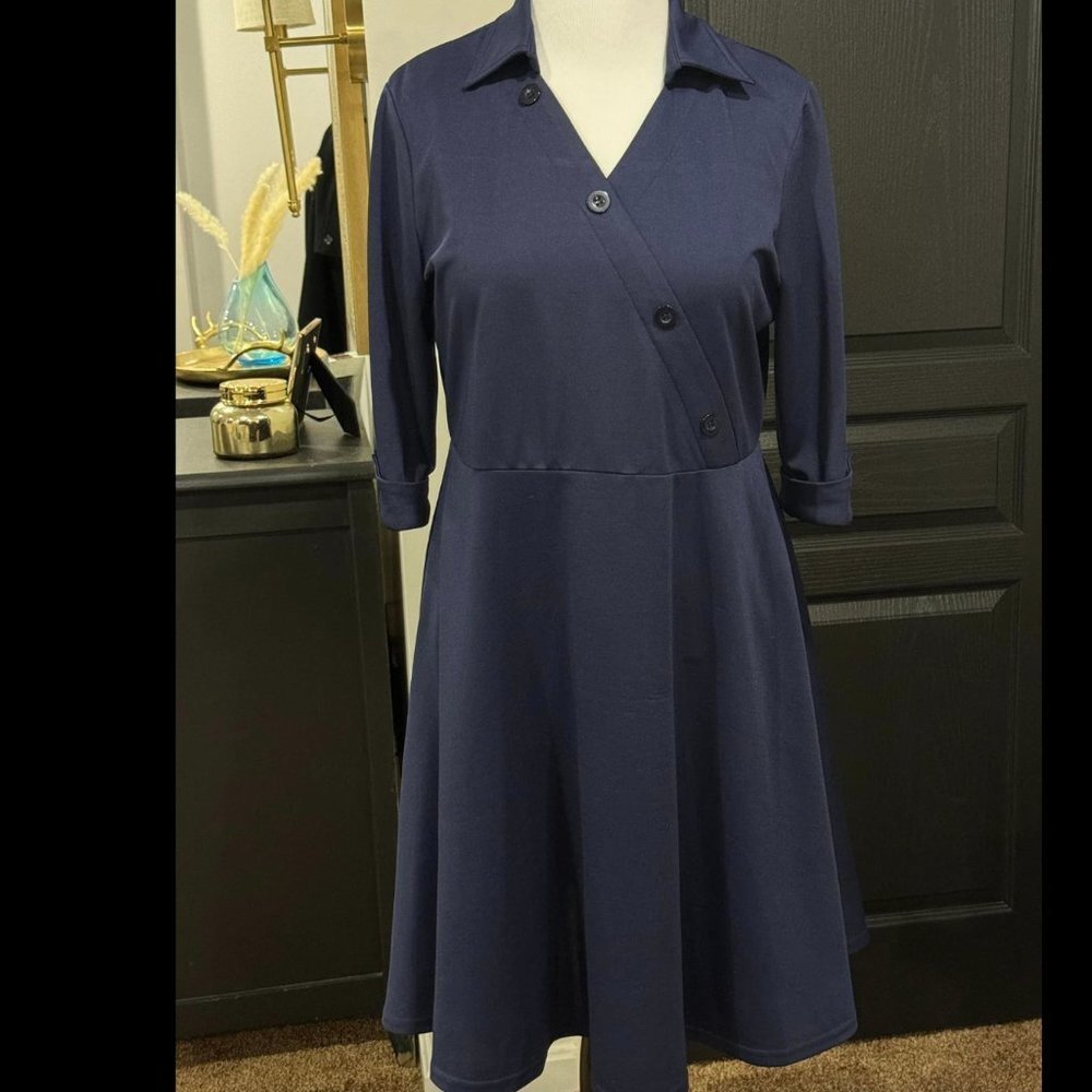 HNNATTA Navy midi dress Faux Wrap Stretch Fit Flare Dress Size XXL Modest